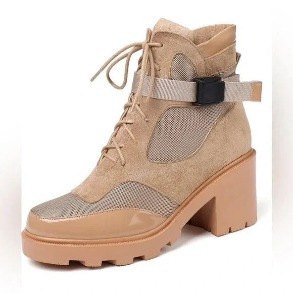 Vivianly Women's Suede Patent Leather Chunky Combat Boots Tactical Tan SIze 8 - Picture 1 of 13